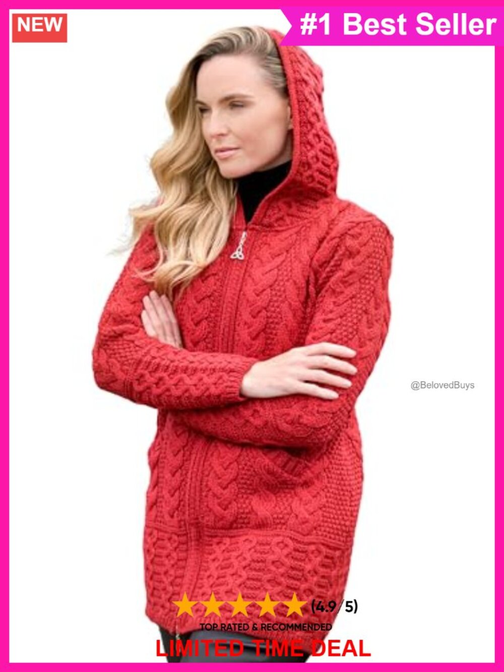 Aran Crafts Women's Merino Wool Cable Knit Hooded Coat Celtic Zip Pockets